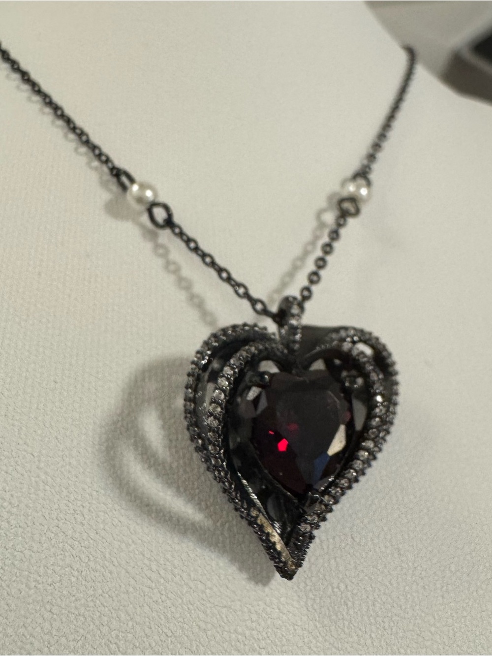 Red heart crystal black plated necklace pearl vampire goth Victorian dark